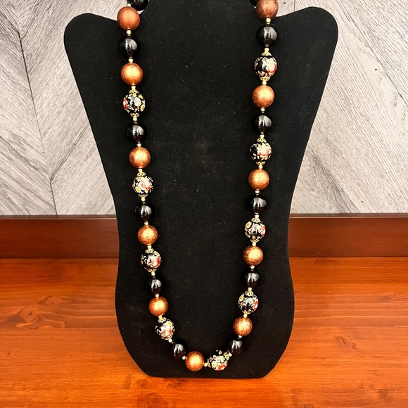 Vintage Signed JAPAN Black Brown Tensha Flowers Beads Beaded 31" Necklace. - Picture 5 of 13